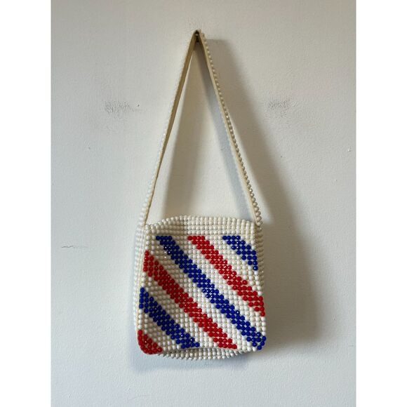 unbranded Handbags - Red White Blue Striped Plastic Beaded 70s Vintage Shoulder Bag Flap